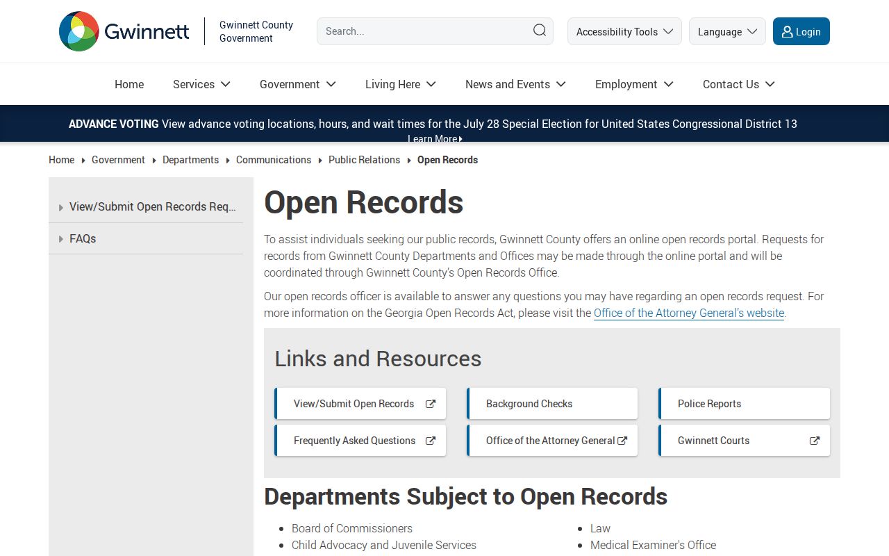Gwinnett routing page for Lawrenceville records requests